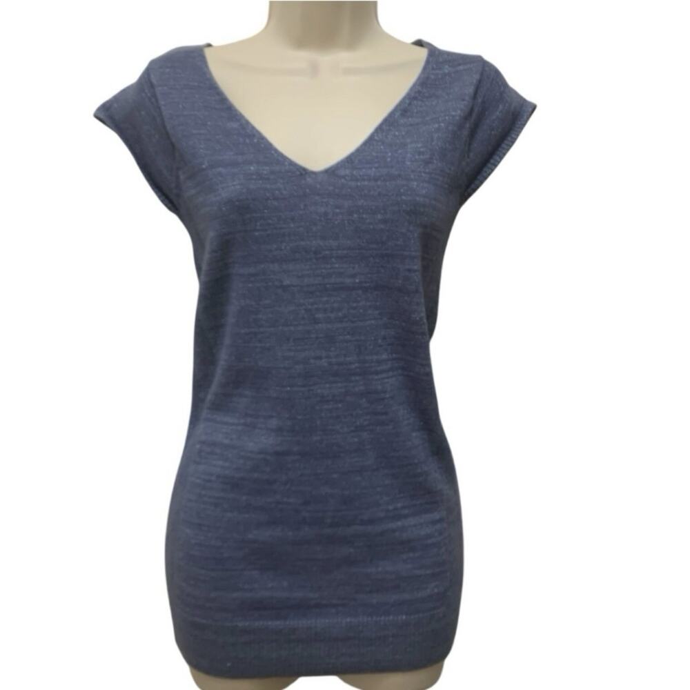 Y2K Xhilaration Metallic Knit Top M Blue Shimmer Fitted Cap Sleeve V Neck